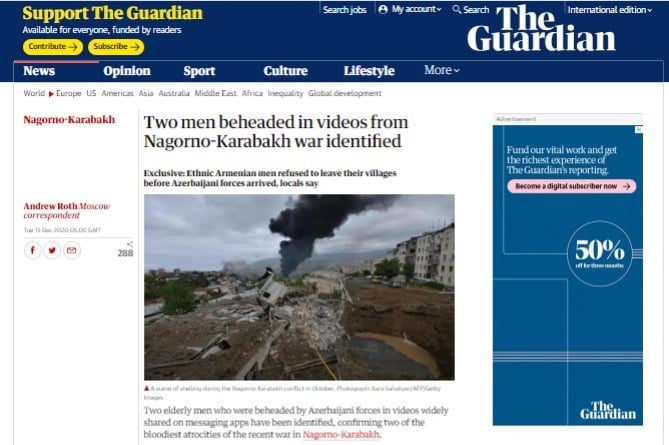 The Guardian написала про обезглавливание азербайджанцами двух арцахцев, назвав это "кровавыми злодеяниями"