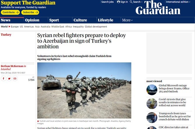 The Guardian: как минимум три сирийских боевика убиты в Карабахе