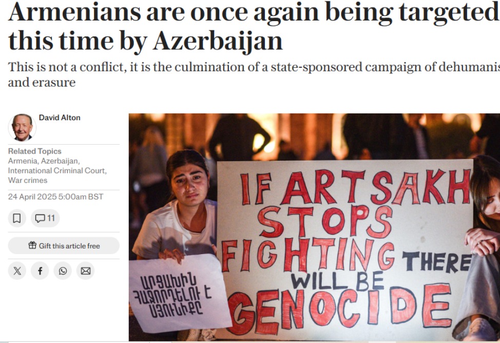 The Telegraph к 110-й годовщине Геноцида армян написал об этнических чистках в Арцахе и армянских пленных в Баку The Telegraph к 110-й годовщине Геноцида армян написал об этнических чистках в Арцахе и армянских пленных в Баку