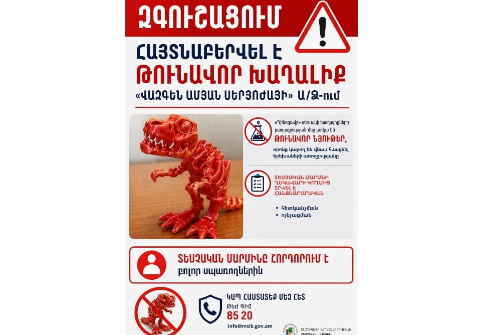 «Դինոզավր» խաղալիքի մեջ հայտնաբերվել են թունավոր նյութեր, տրվել է ոչնչացման հանձնարարական․ կարգավորիչ